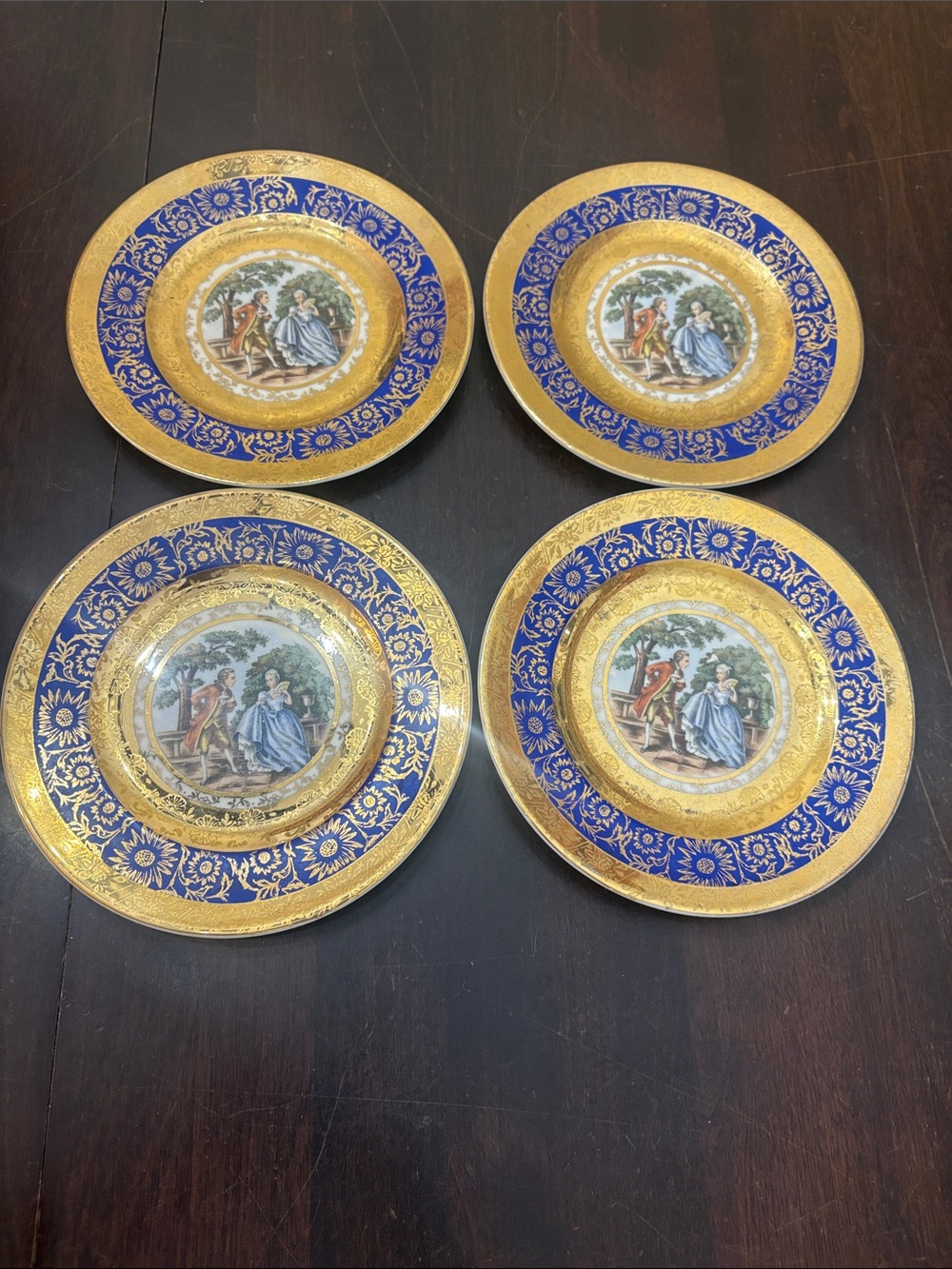 4 Vintage Royal Colton China Courting Couple Portrait Plate Cobalt 6.25”